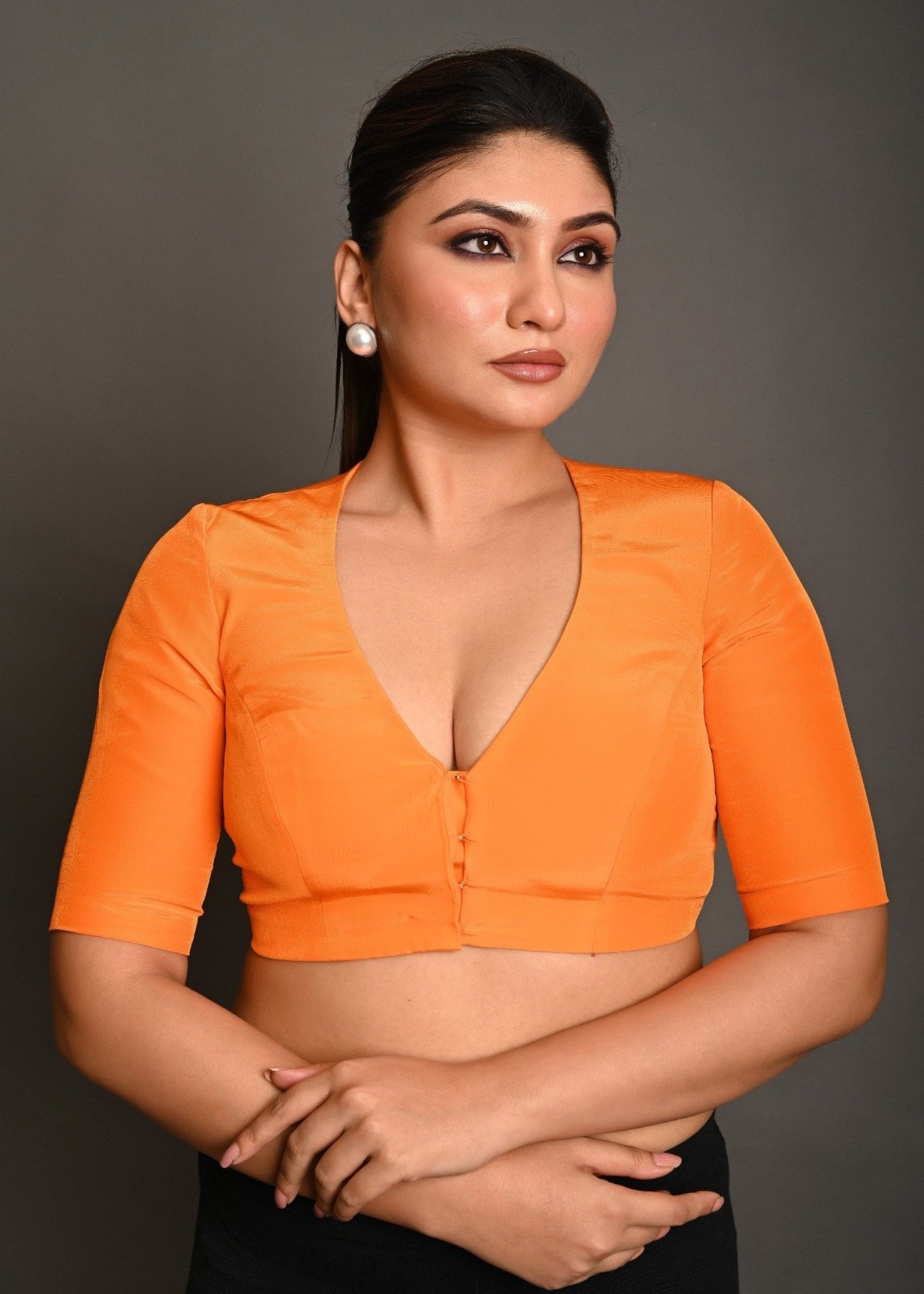 Bright Orange Blouse with Plunging Curved V - Neckline and Half Sleeves - Anvi Couture