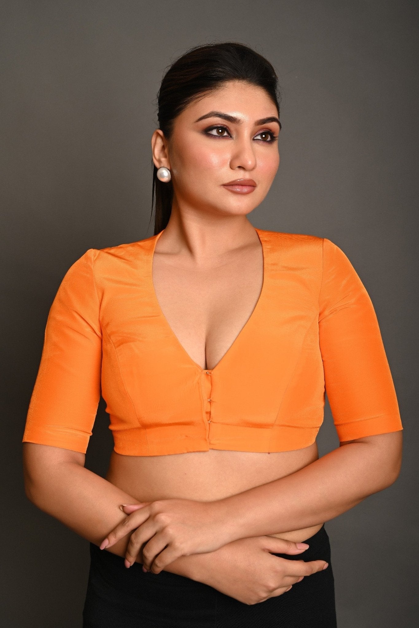Bright Orange Blouse with Plunging Curved V - Neckline and Half Sleeves - Anvi Couture
