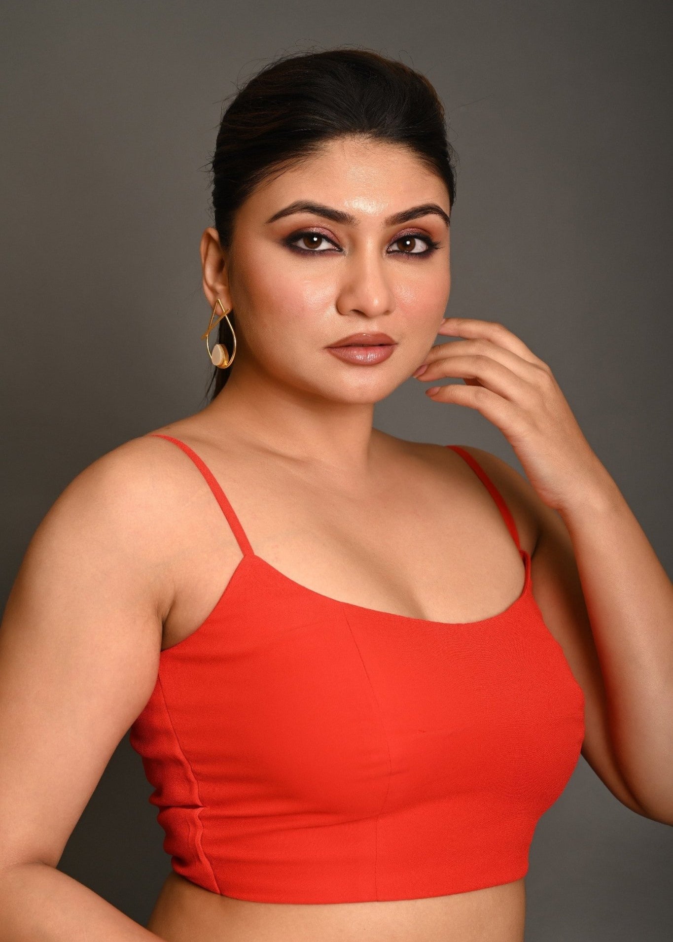 Bright Red Georgette Spaghetti Straps Blouse with Wide U - Neckline - Anvi Couture