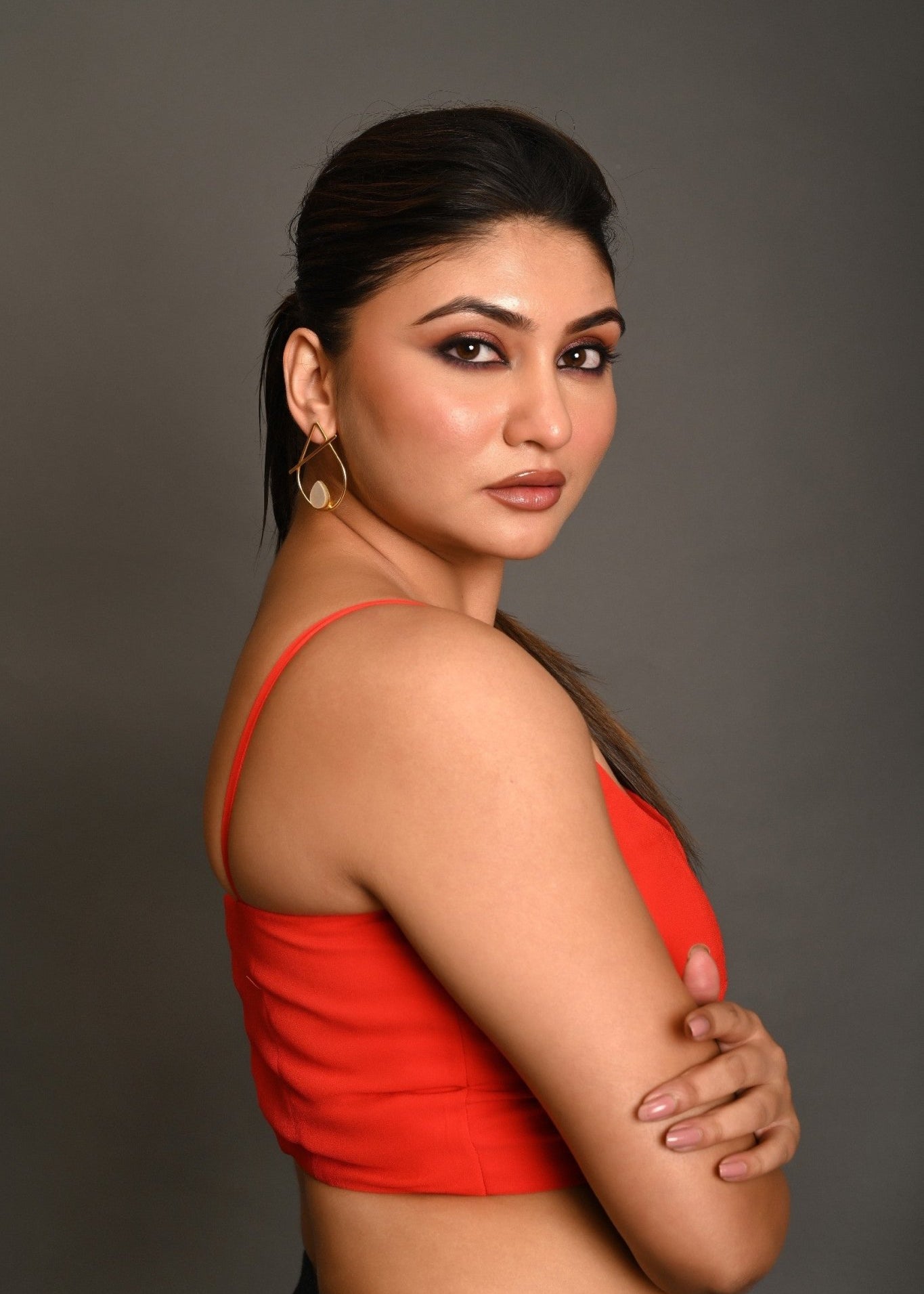 Bright Red Georgette Spaghetti Straps Blouse with Wide U - Neckline - Anvi Couture
