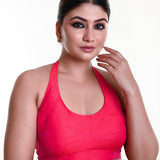 Rani Pink Halter Neck Blouse in Cotton Silk with Plunging Neckline - Anvi Couture