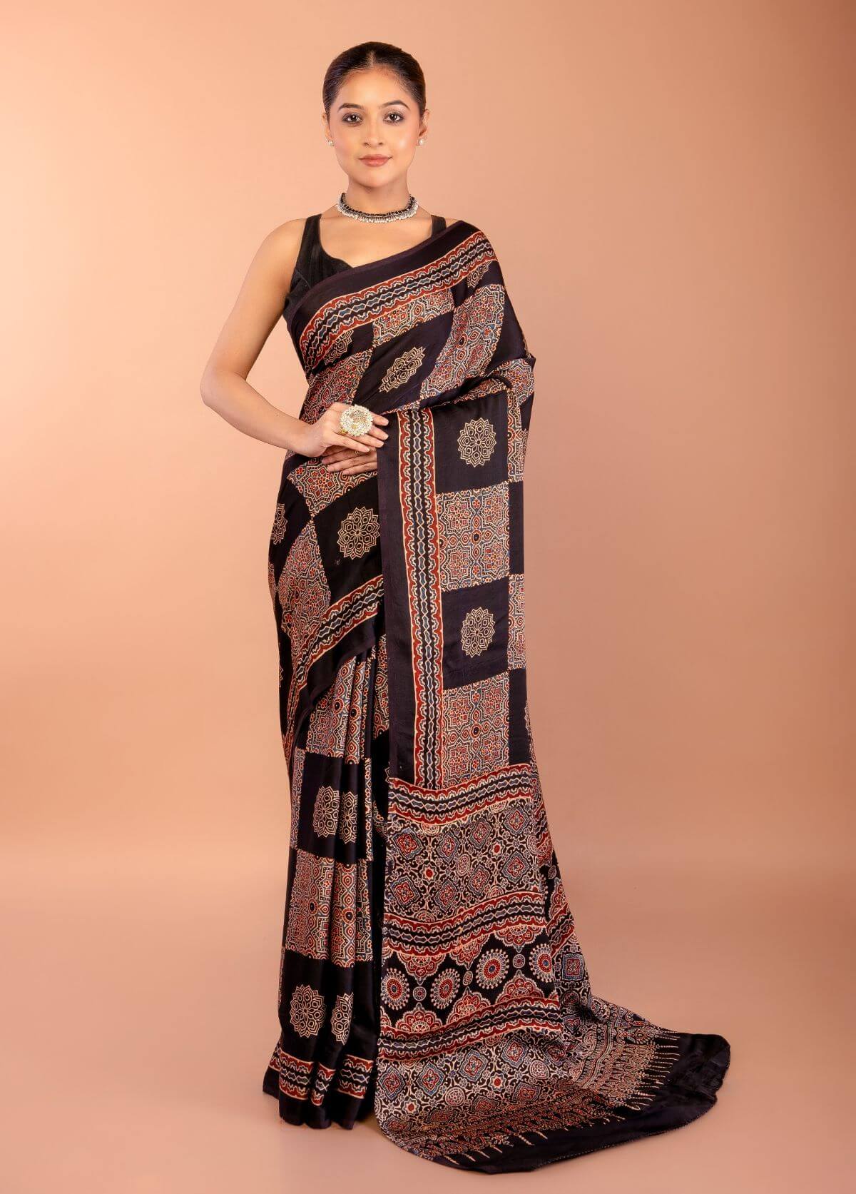 Black Ajrakh Print Saree in Modal Silk