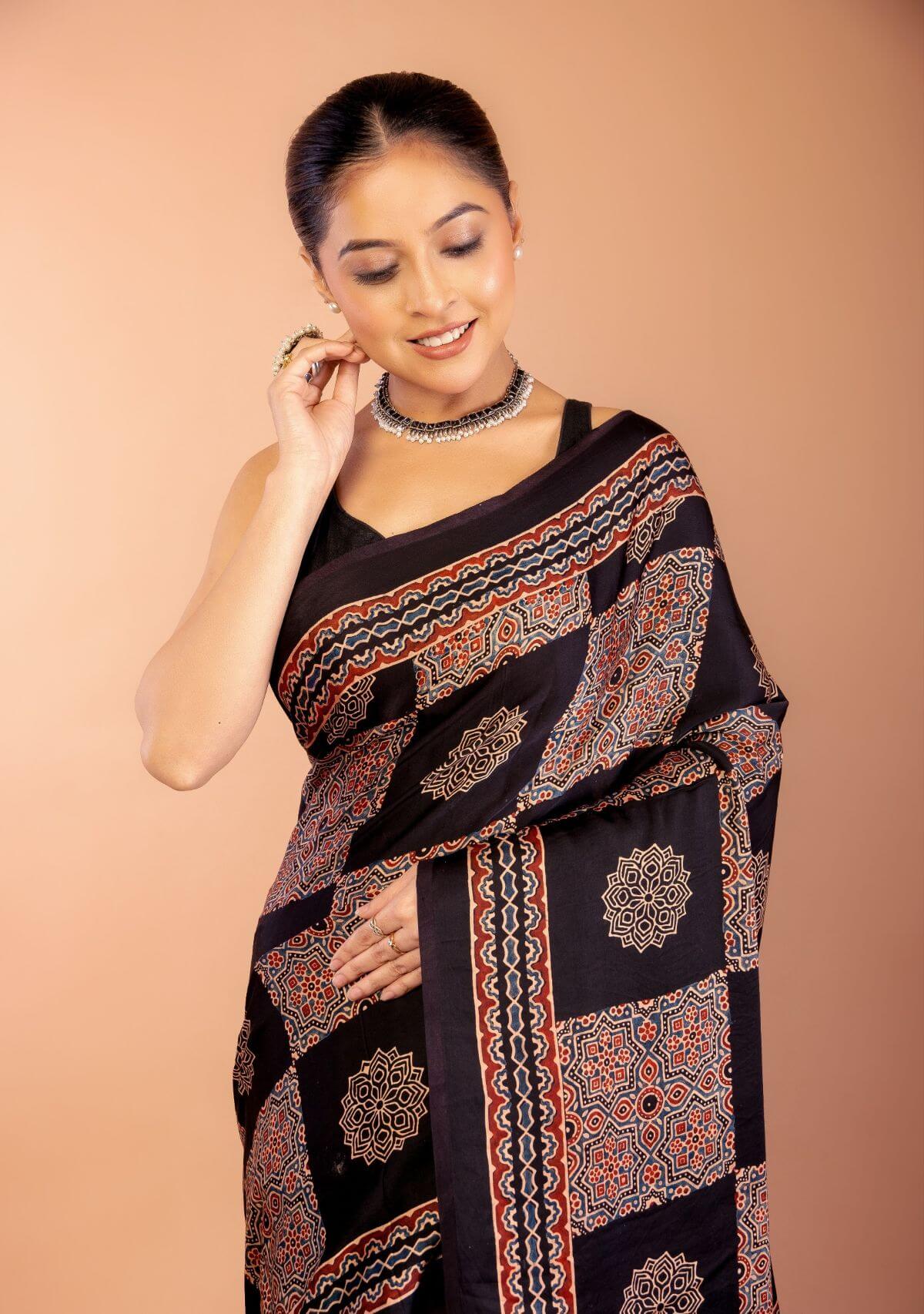 Black Ajrakh Print Saree in Modal Silk