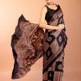 Black Ajrakh Print Saree in Modal Silk