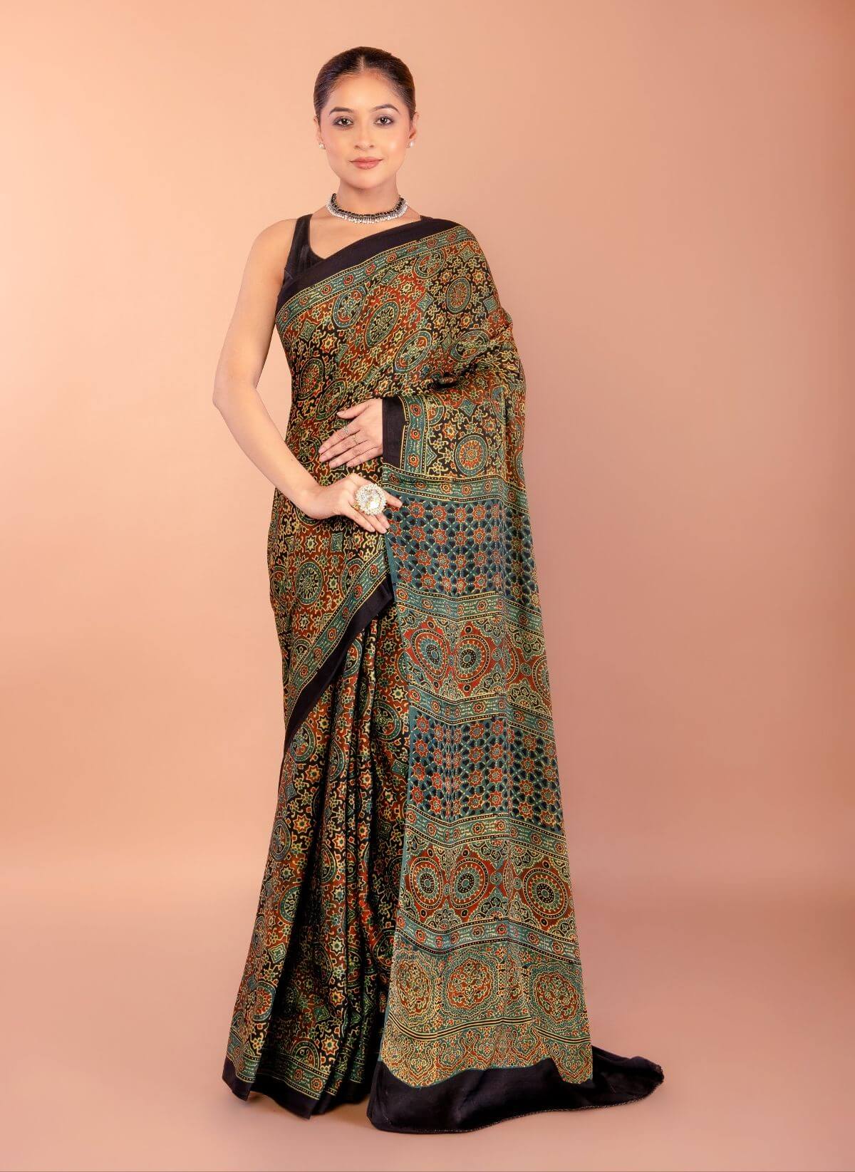 Dark Green Ajrakh Print Saree in Modal Silk