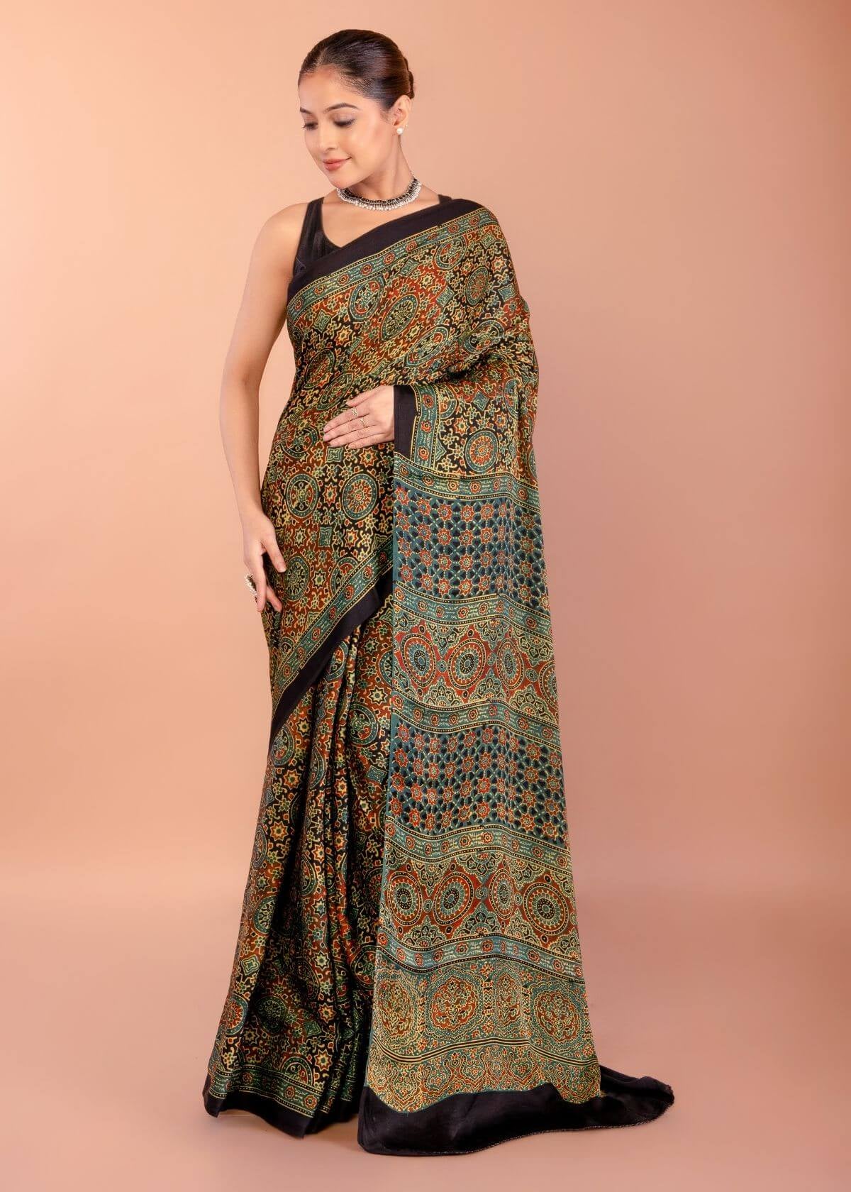 Dark Green Ajrakh Print Saree in Modal Silk