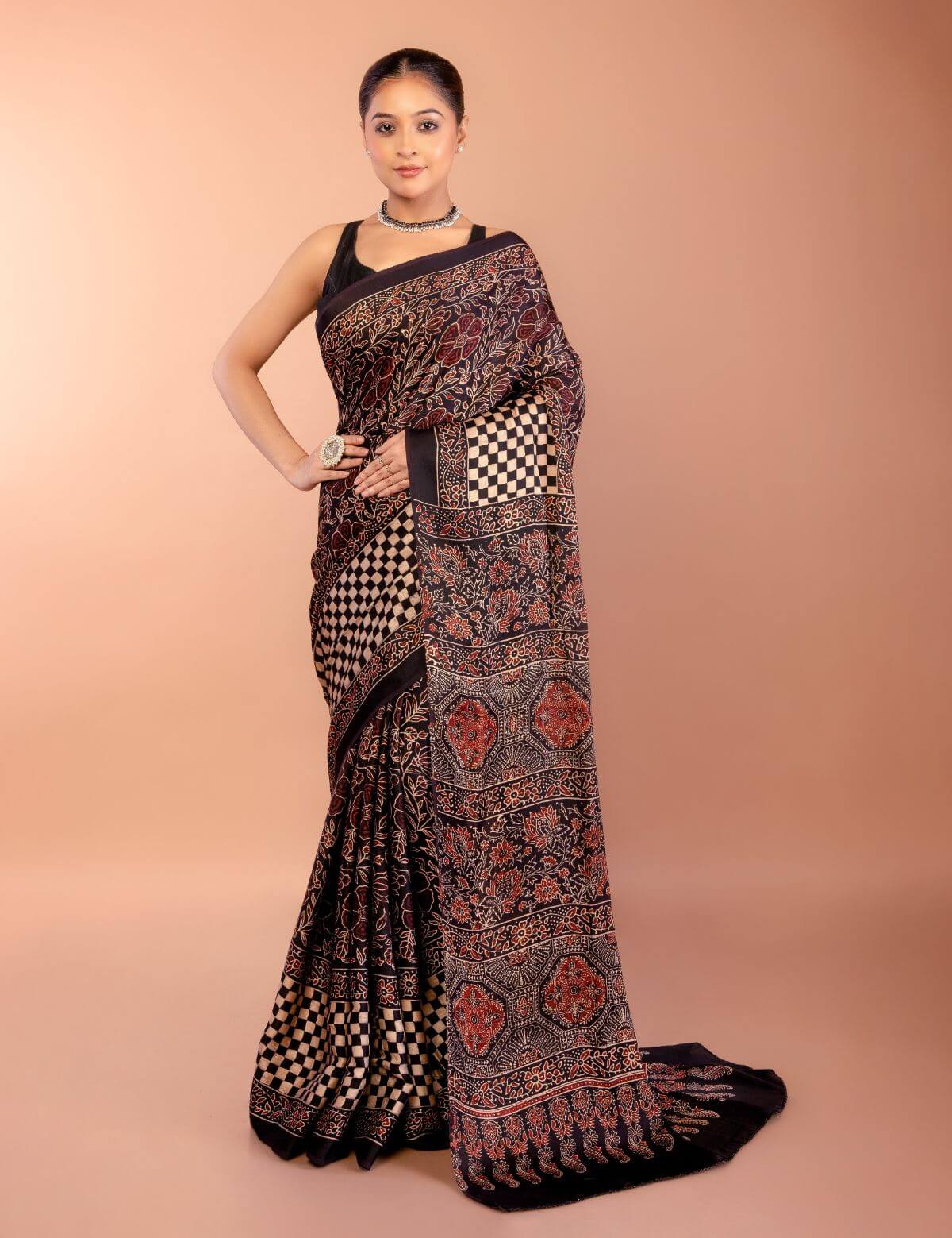 Black Ajrakh Modal Silk Saree with Check Border