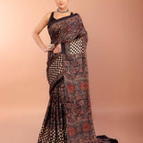 Black Ajrakh Modal Silk Saree with Check Border