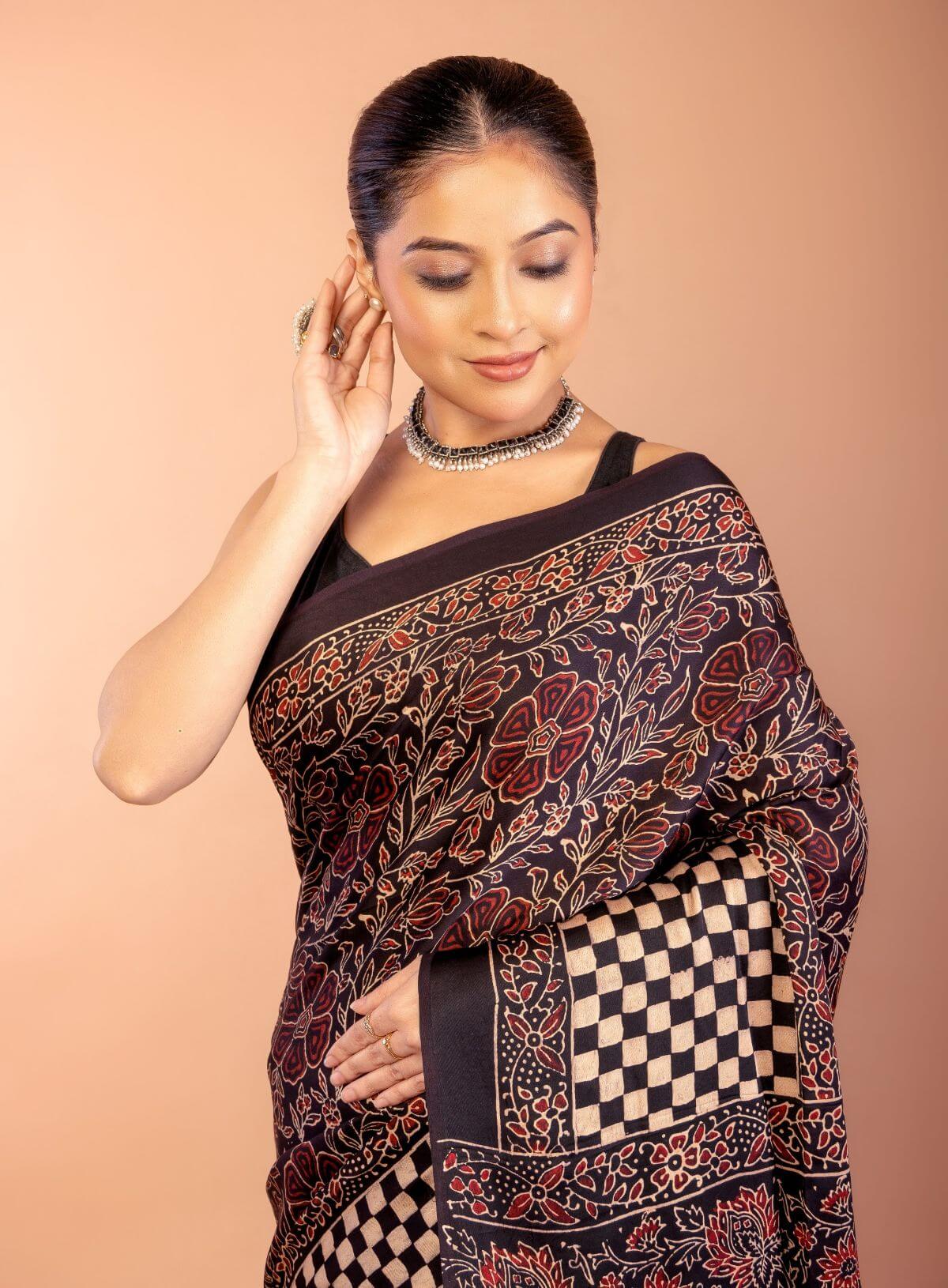 Black Ajrakh Modal Silk Saree with Check Border