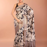 Black Silk Saree with Floral Prints and Woven Gold Border