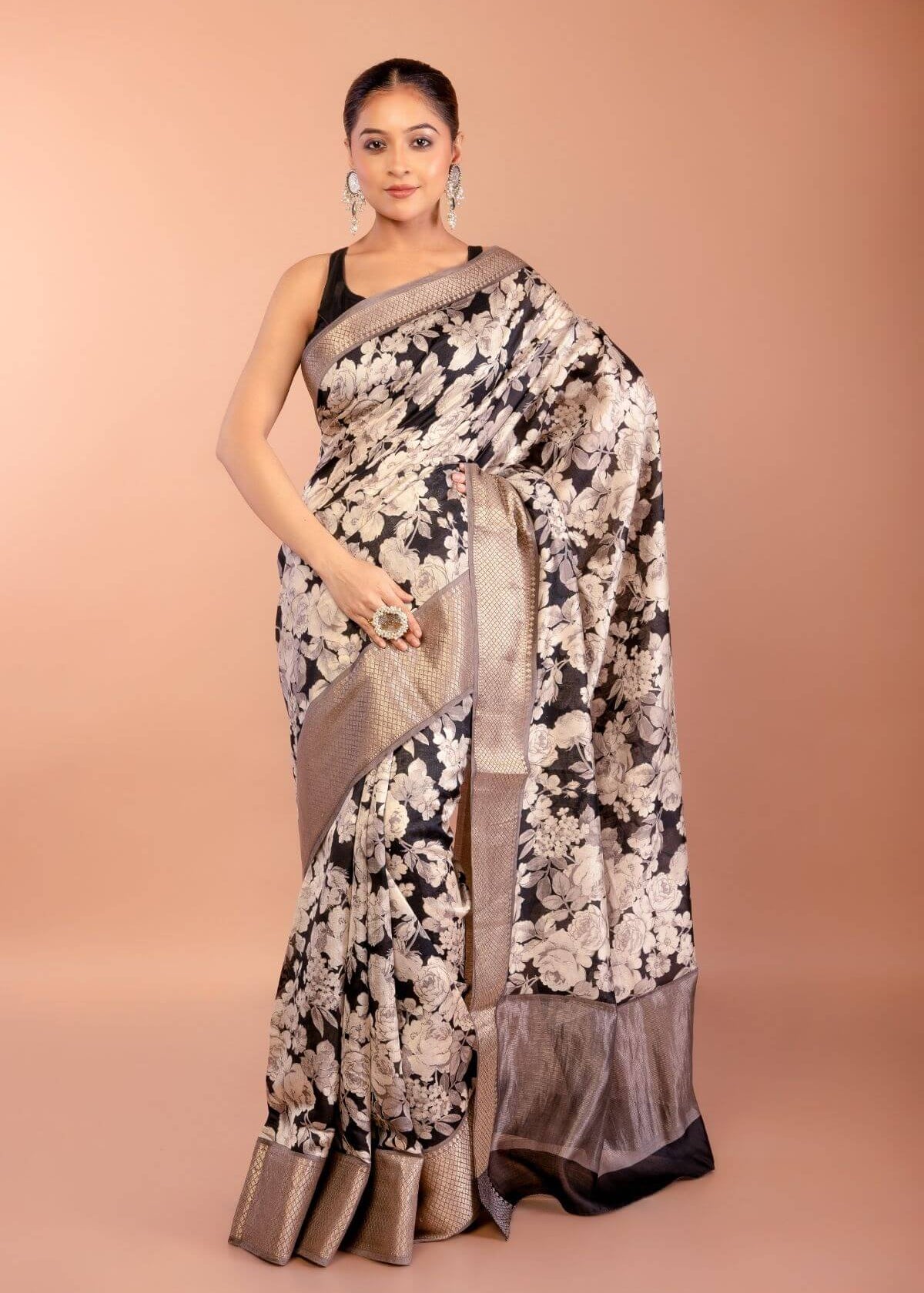 Black Silk Saree with Floral Prints and Woven Gold Border
