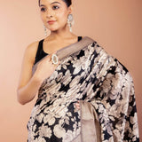 Black Silk Saree with Floral Prints and Woven Gold Border