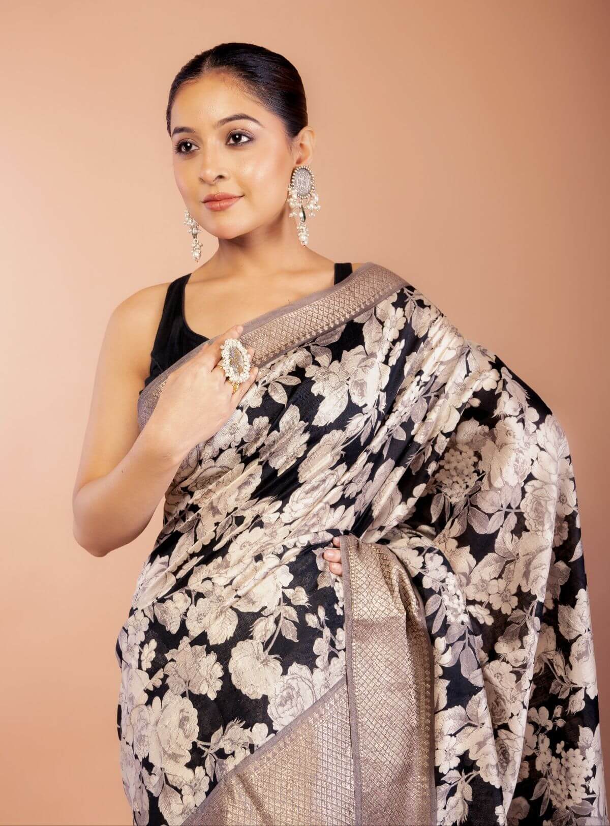Black Silk Saree with Floral Prints and Woven Gold Border