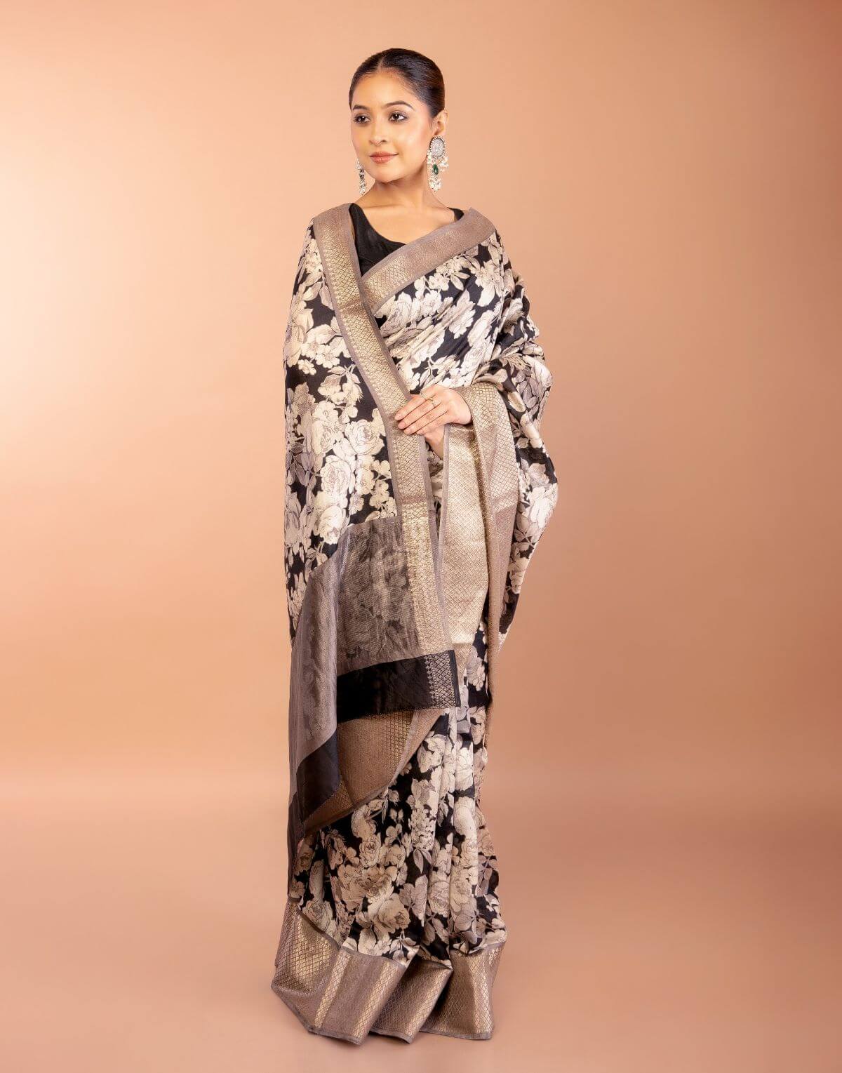 Black Silk Saree with Floral Prints and Woven Gold Border