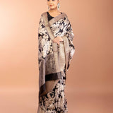 Black Silk Saree with Floral Prints and Woven Gold Border