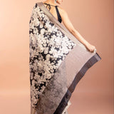 Black Silk Saree with Floral Prints and Woven Gold Border