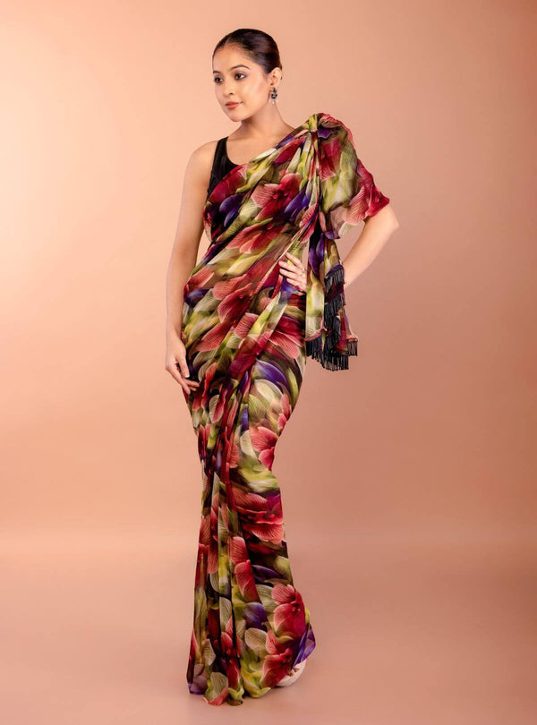 Floral Printed Georgette Saree with Cutdana Border – full front drape view