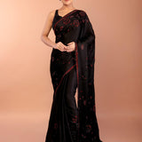 Black Chiffon Saree with Red Floral Sequin Work
