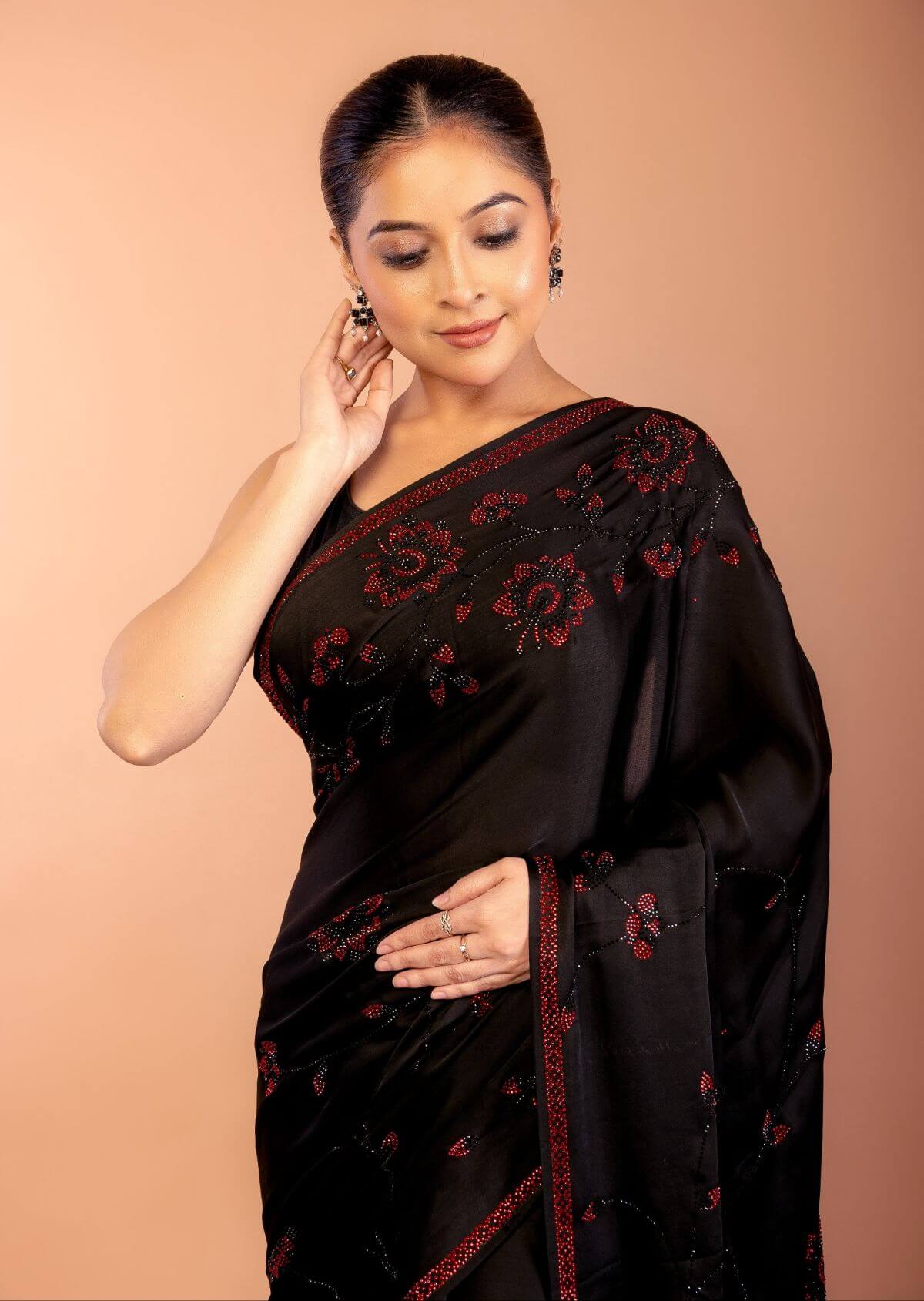 Black Chiffon Saree with Red Floral Sequin Work