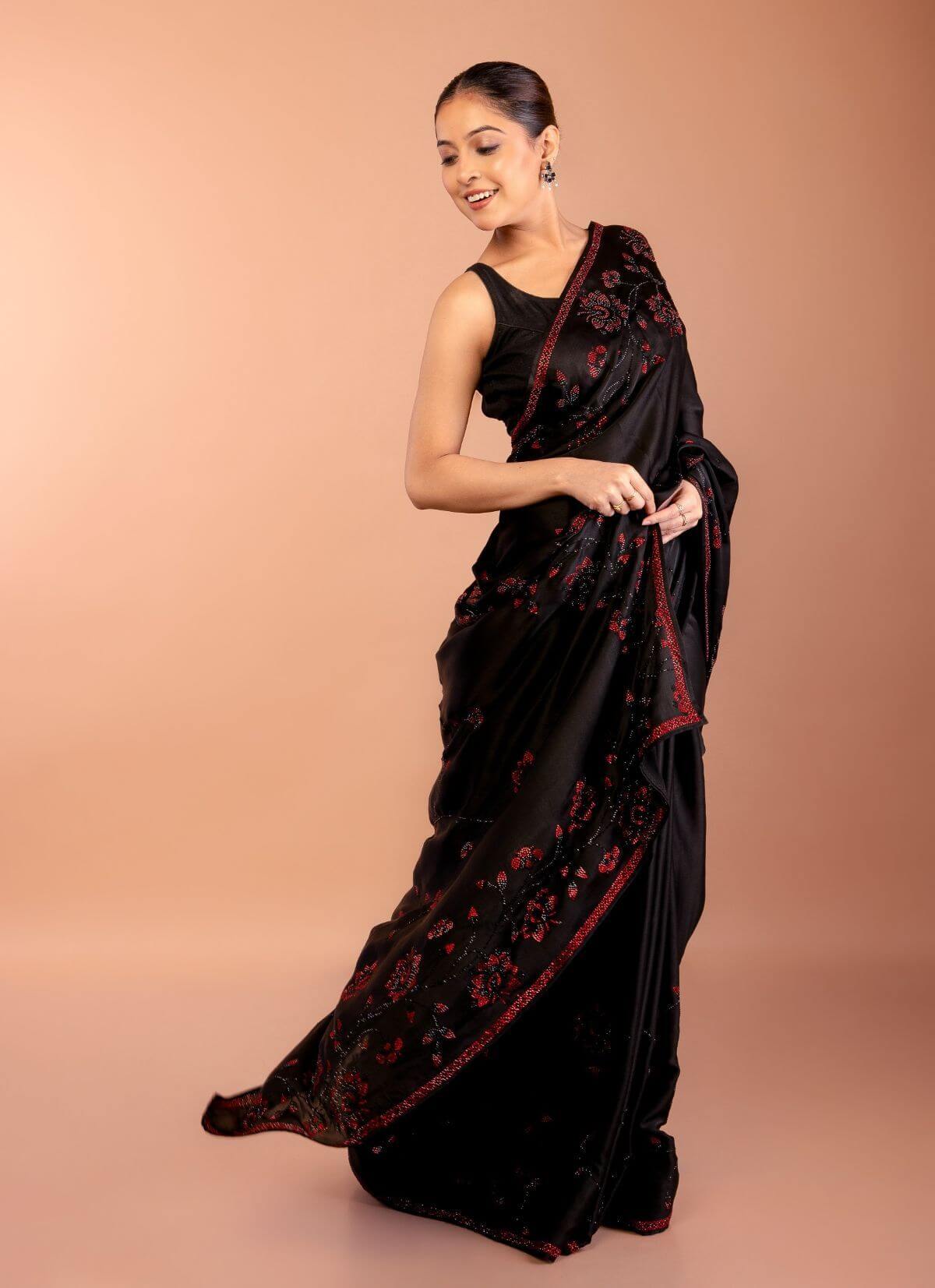 Black Chiffon Saree with Red Floral Sequin Work