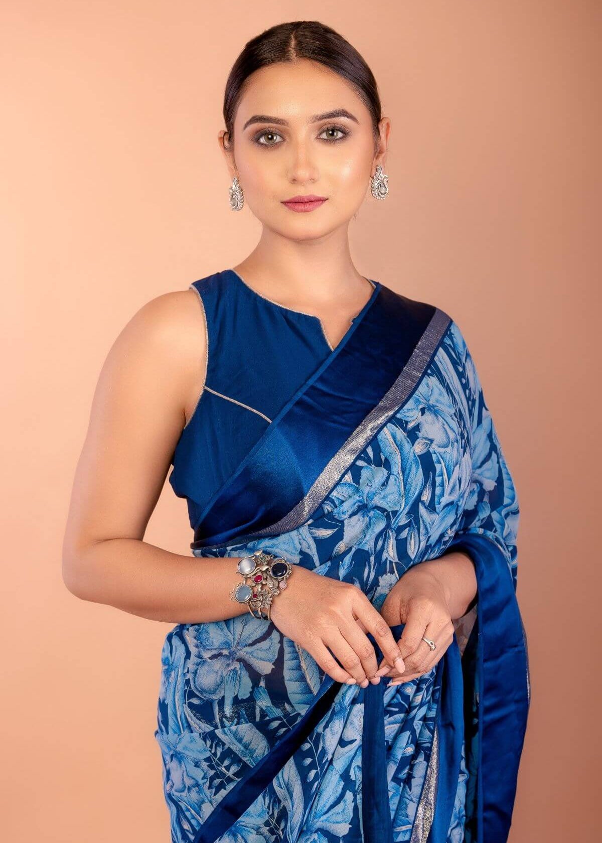 Blue Floral Georgette Saree with Blouse Set