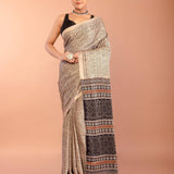 Off-White Modal Silk Ajrakh Saree with Black Contrast Pallu