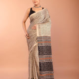 Off-White Modal Silk Ajrakh Saree with Black Contrast Pallu