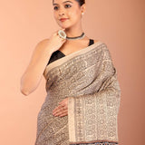 Off-White Modal Silk Ajrakh Saree with Black Contrast Pallu