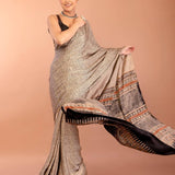 Off-White Modal Silk Ajrakh Saree with Black Contrast Pallu