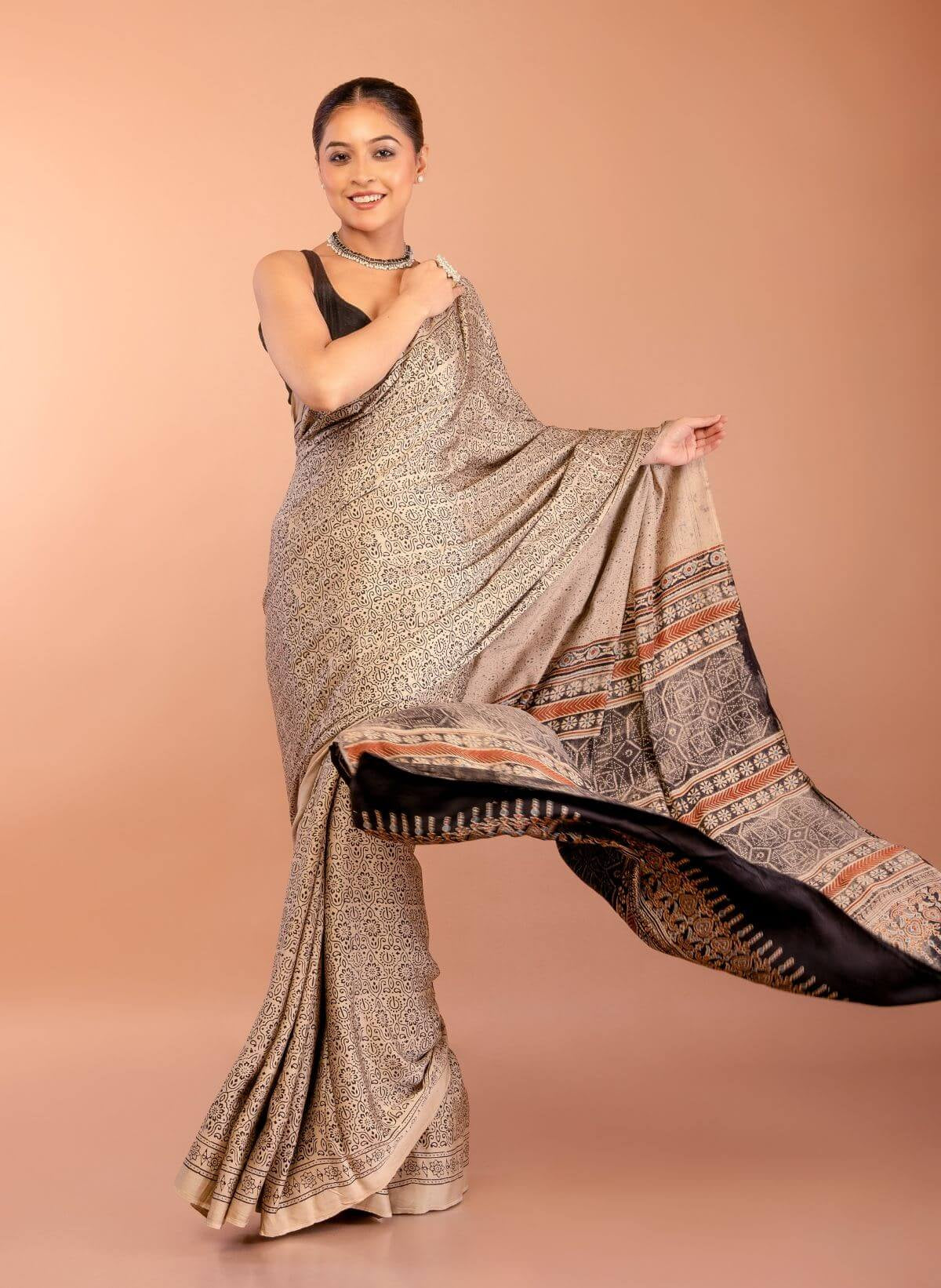 Off-White Modal Silk Ajrakh Saree with Black Contrast Pallu