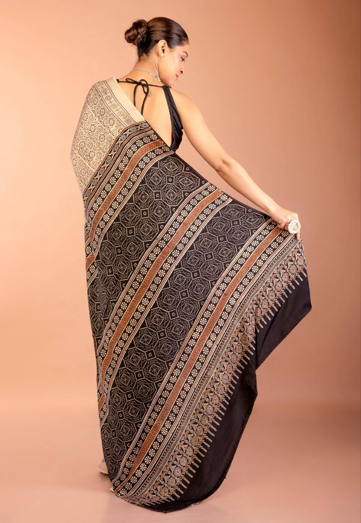 Off-White Modal Silk Ajrakh Saree with Black Contrast Pallu