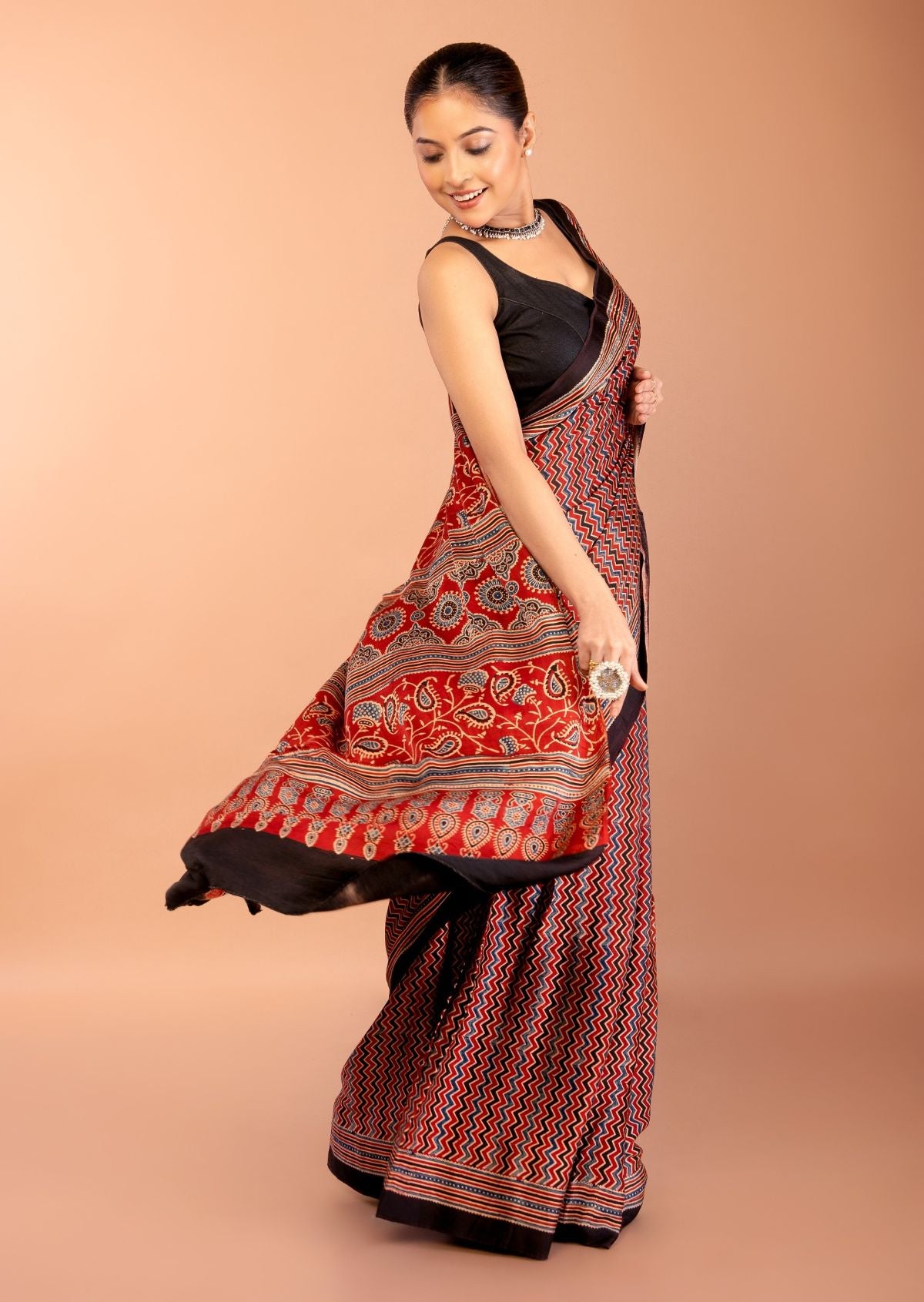 Red Ajrakh Saree with Hand Block Prints - Anvi Couture