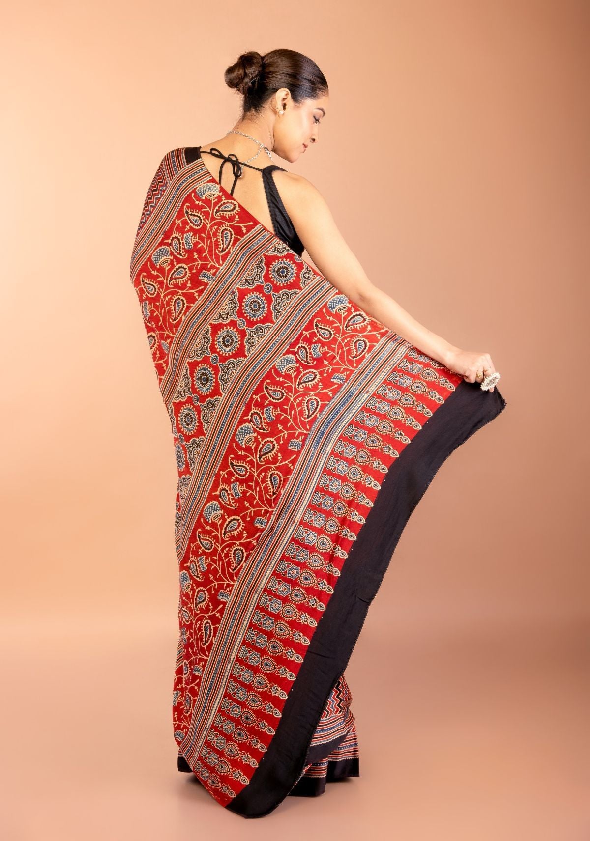 Red Ajrakh Saree with Hand Block Prints - Anvi Couture