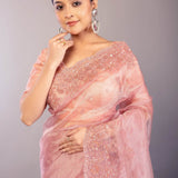Pastel Pink Organza Saree with Hand Embroidered Border