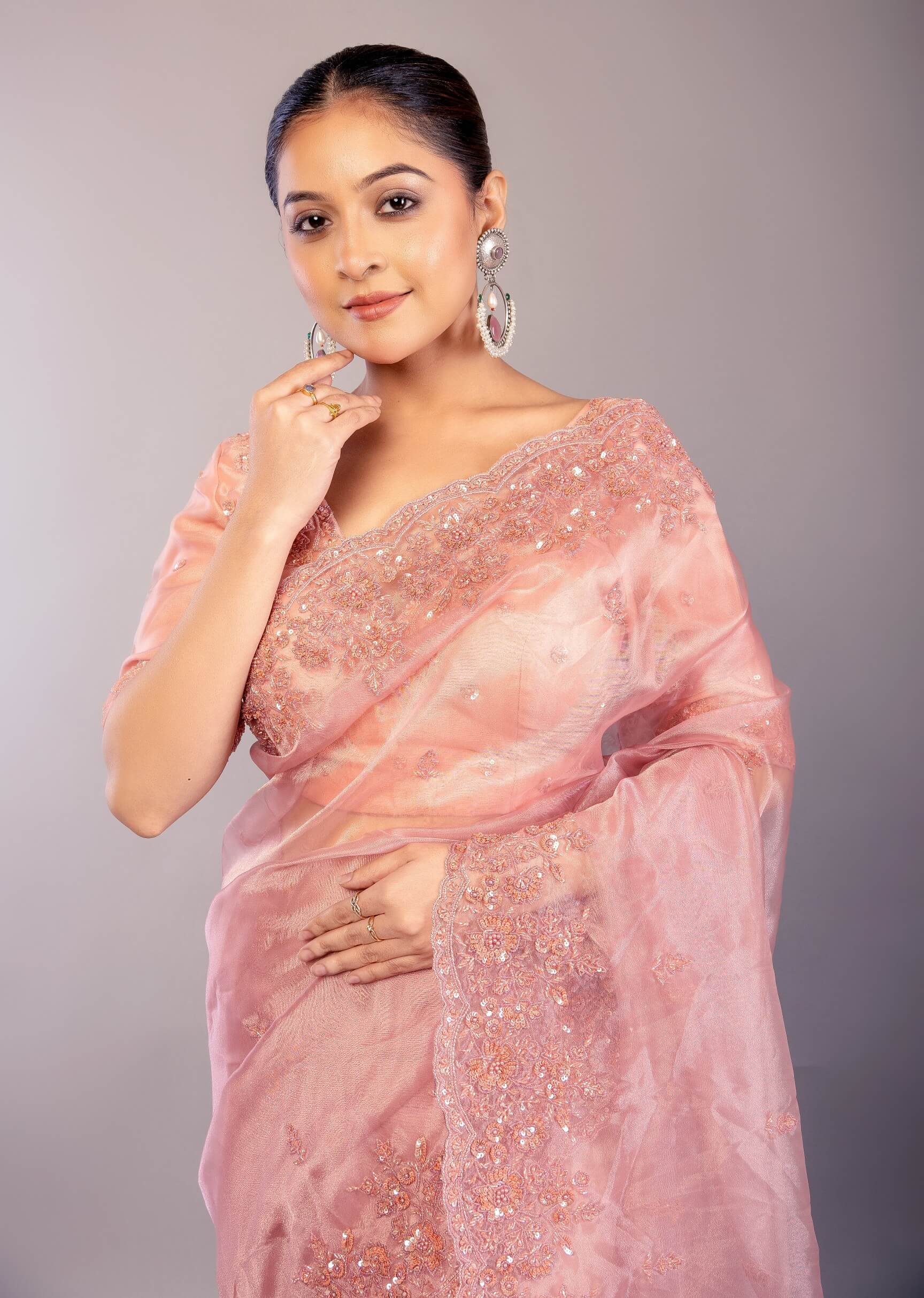 Pastel Pink Organza Saree with Hand Embroidered Border