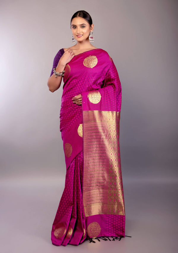 Rani Pink Kanjivaram Saree with Gold Zari Work — front model view