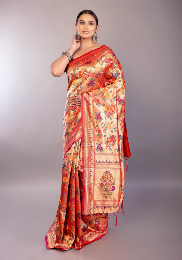 Orange Paithani Silk Saree with All Over Floral Motifs