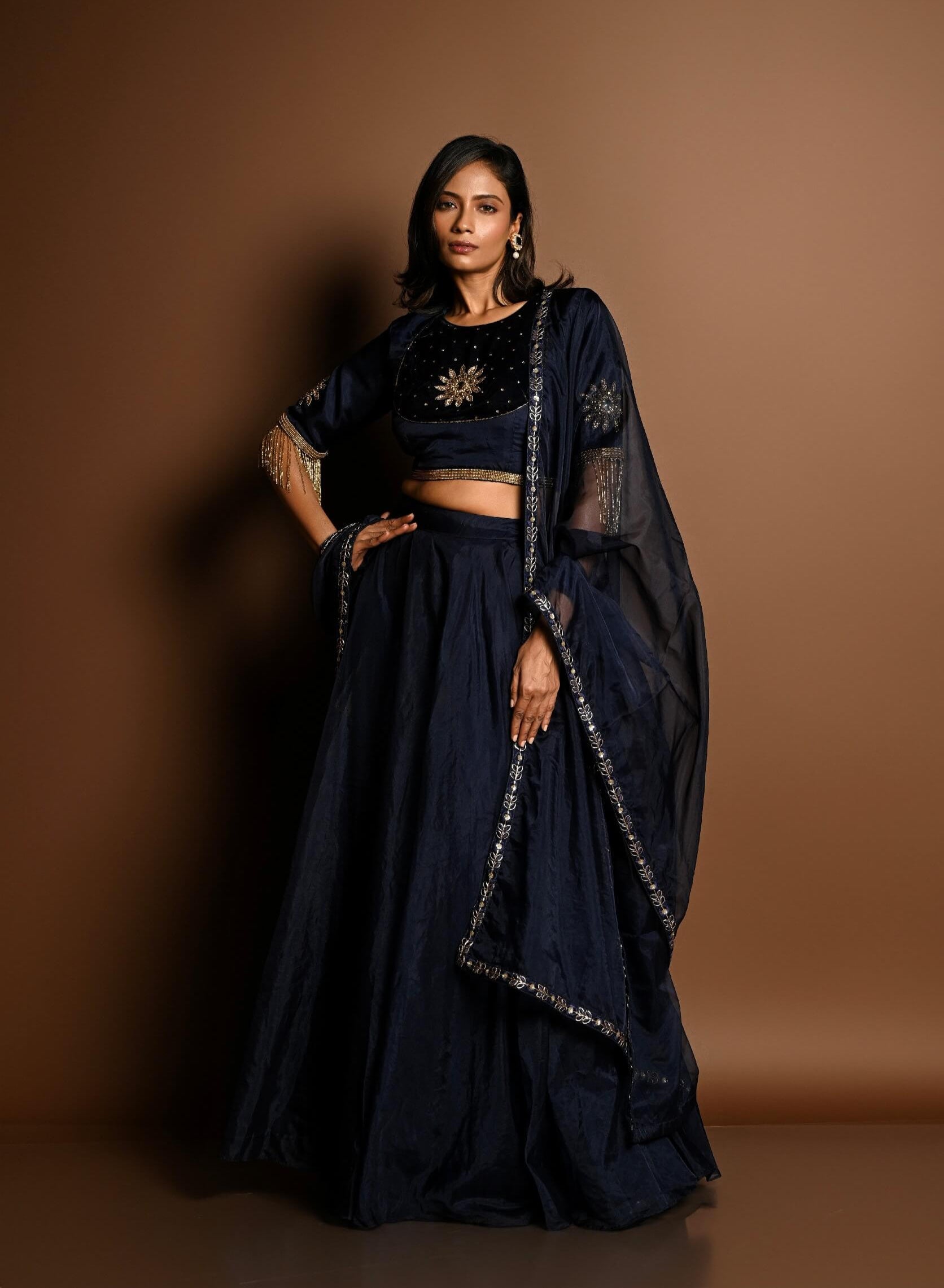 Dark Blue Lehenga Set with Hand Embroidery Work - Anvi Couture
