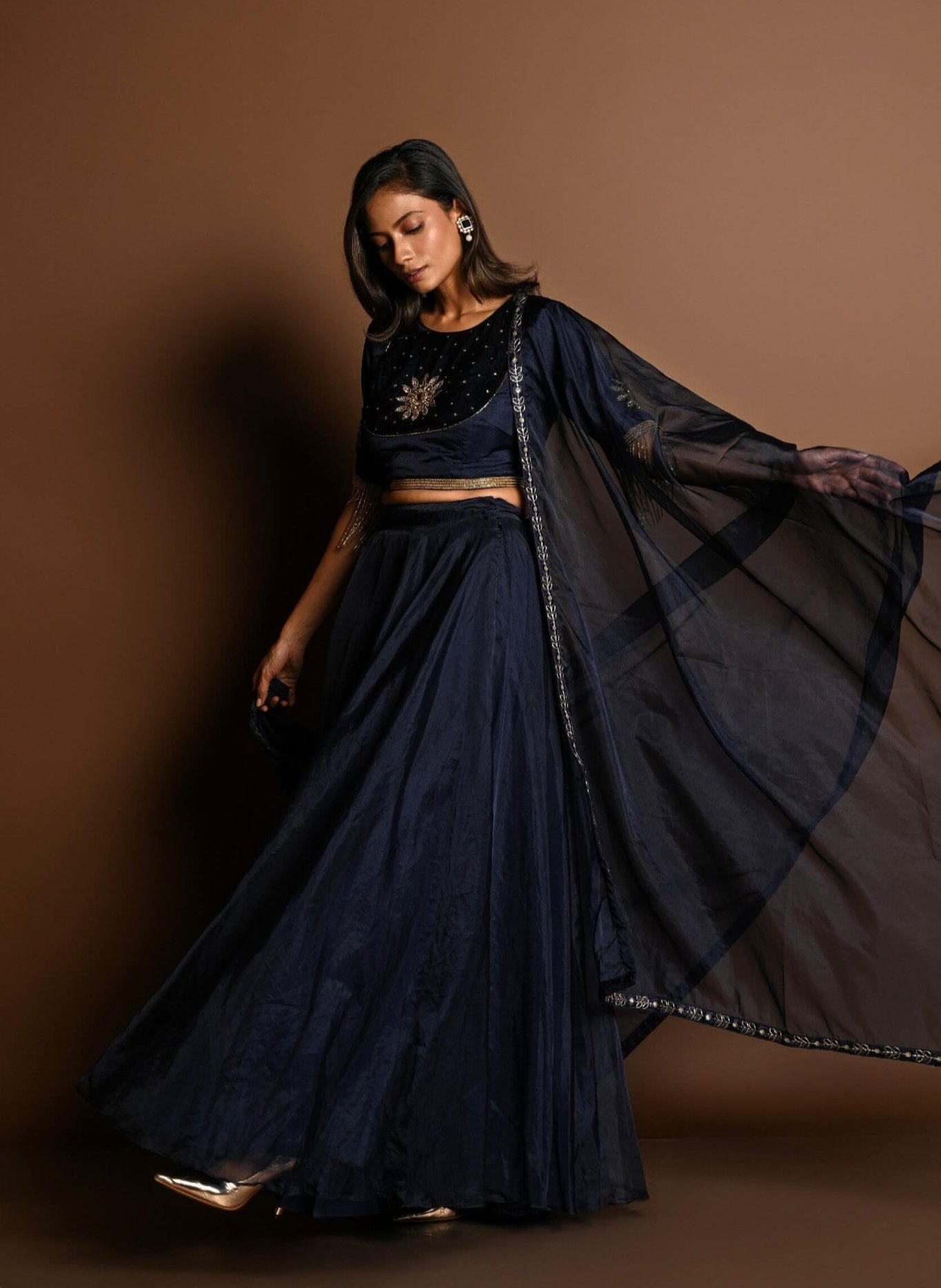 Dark Blue Lehenga Set with Hand Embroidery Work - Anvi Couture