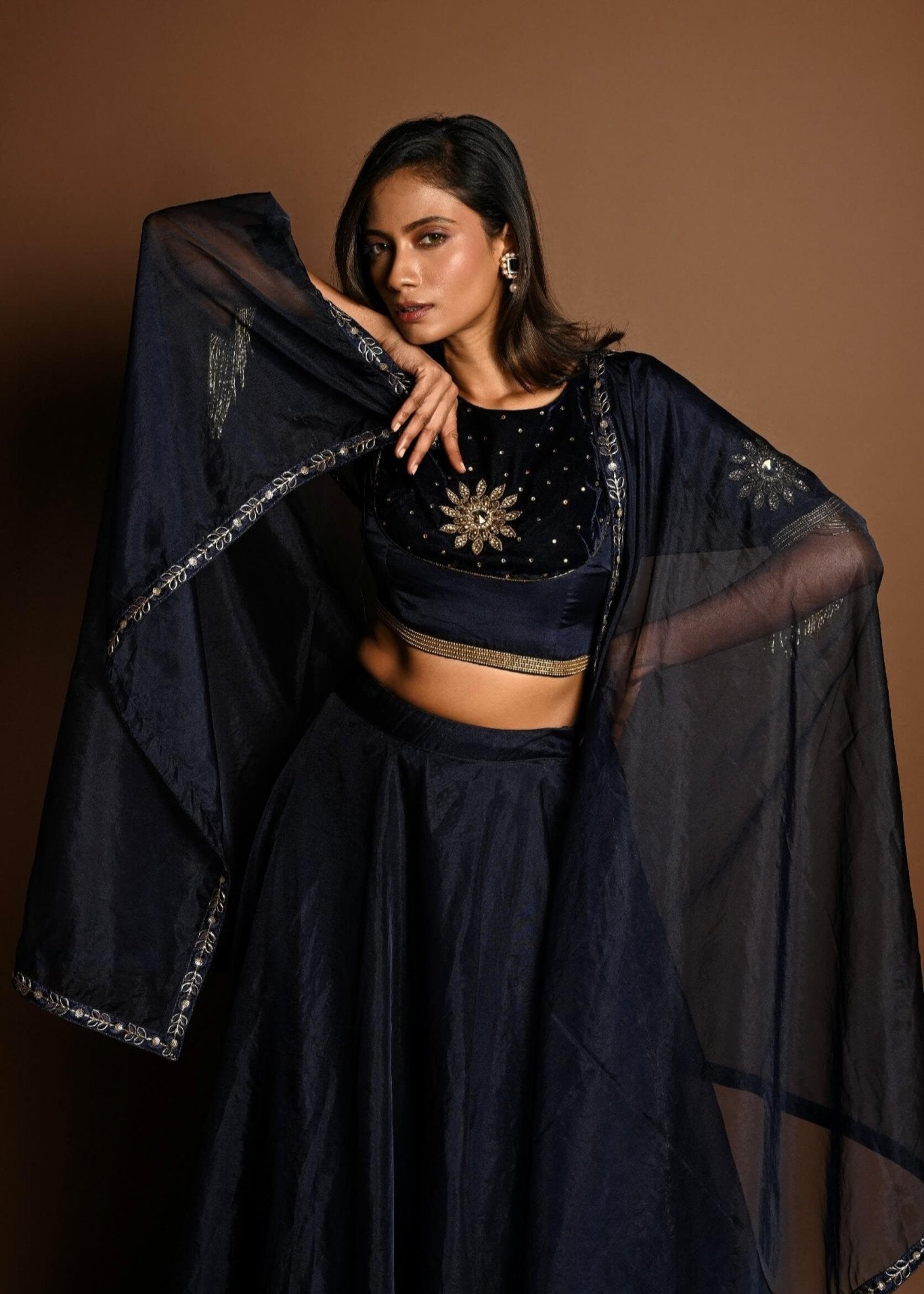 Dark Blue Lehenga Set with Hand Embroidery Work - Anvi Couture