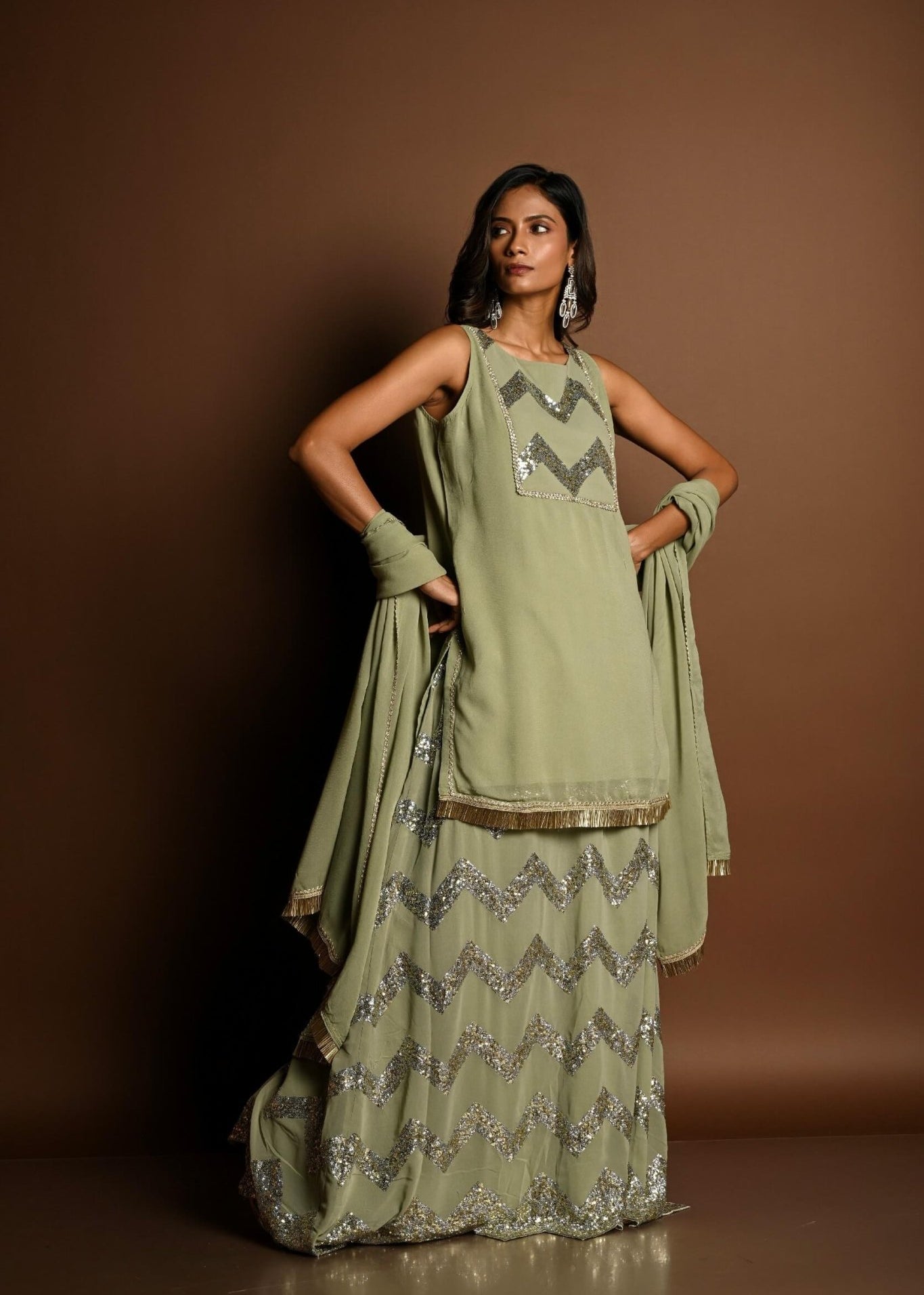 Pastel Green Kurta Lehenga Set with Sequin Work and Matching Dupatta - Anvi Couture