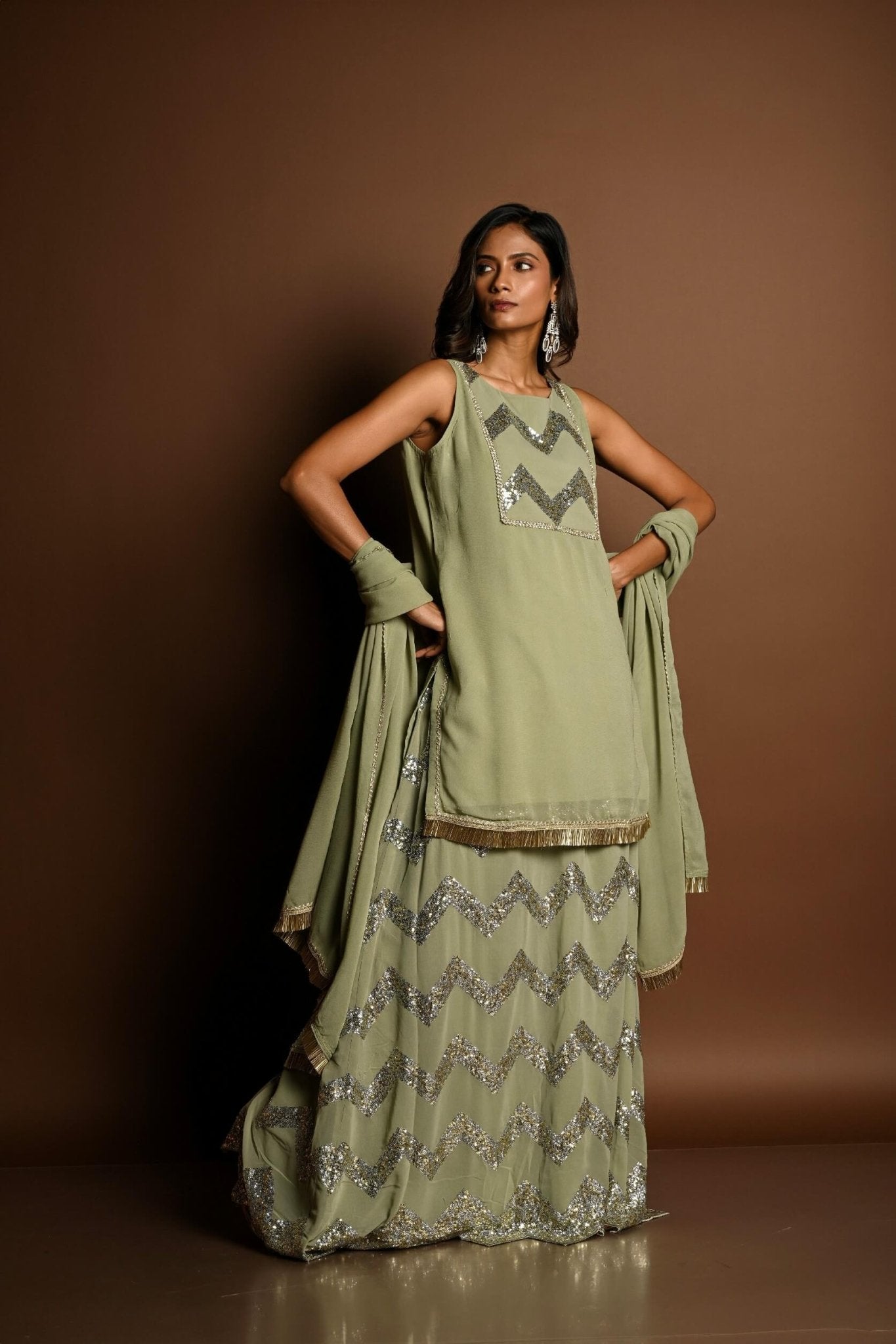 Pastel Green Kurta Lehenga Set with Sequin Work and Matching Dupatta - Anvi Couture