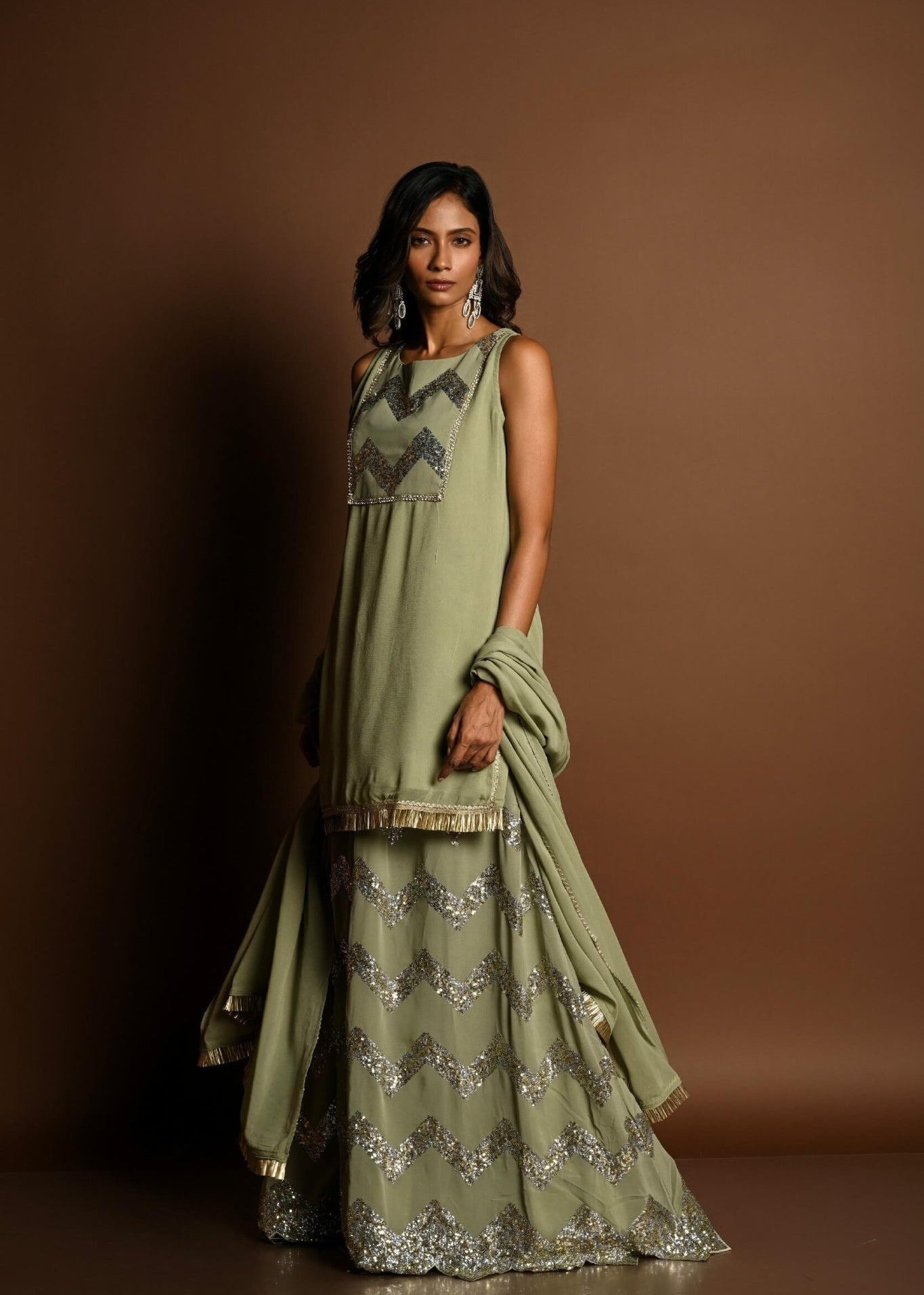 Pastel Green Kurta Lehenga Set with Sequin Work and Matching Dupatta - Anvi Couture