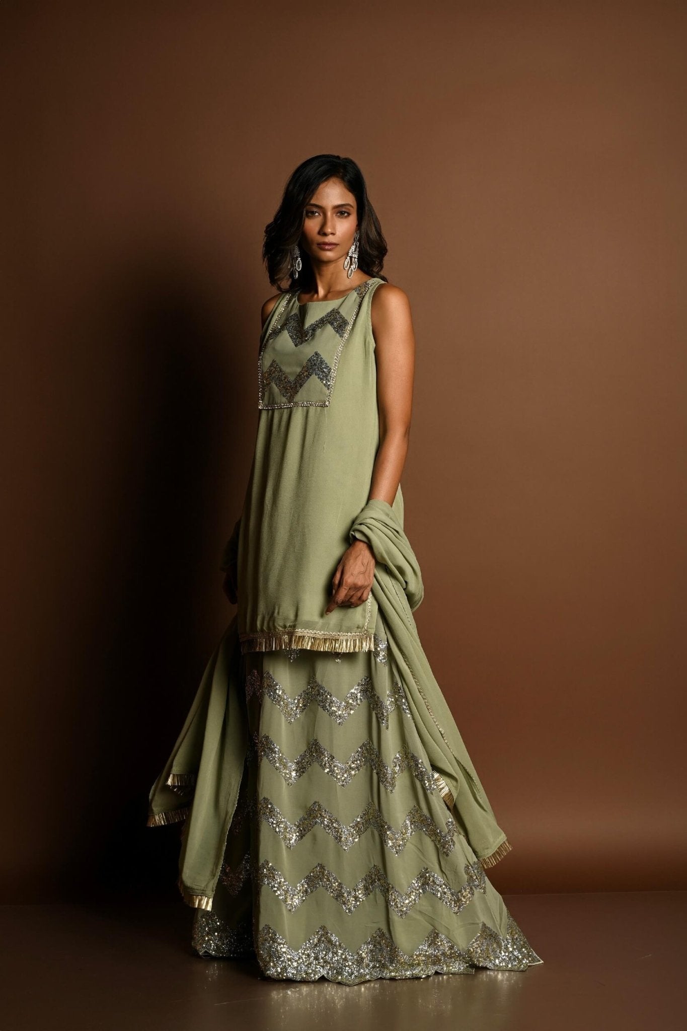Pastel Green Kurta Lehenga Set with Sequin Work and Matching Dupatta - Anvi Couture