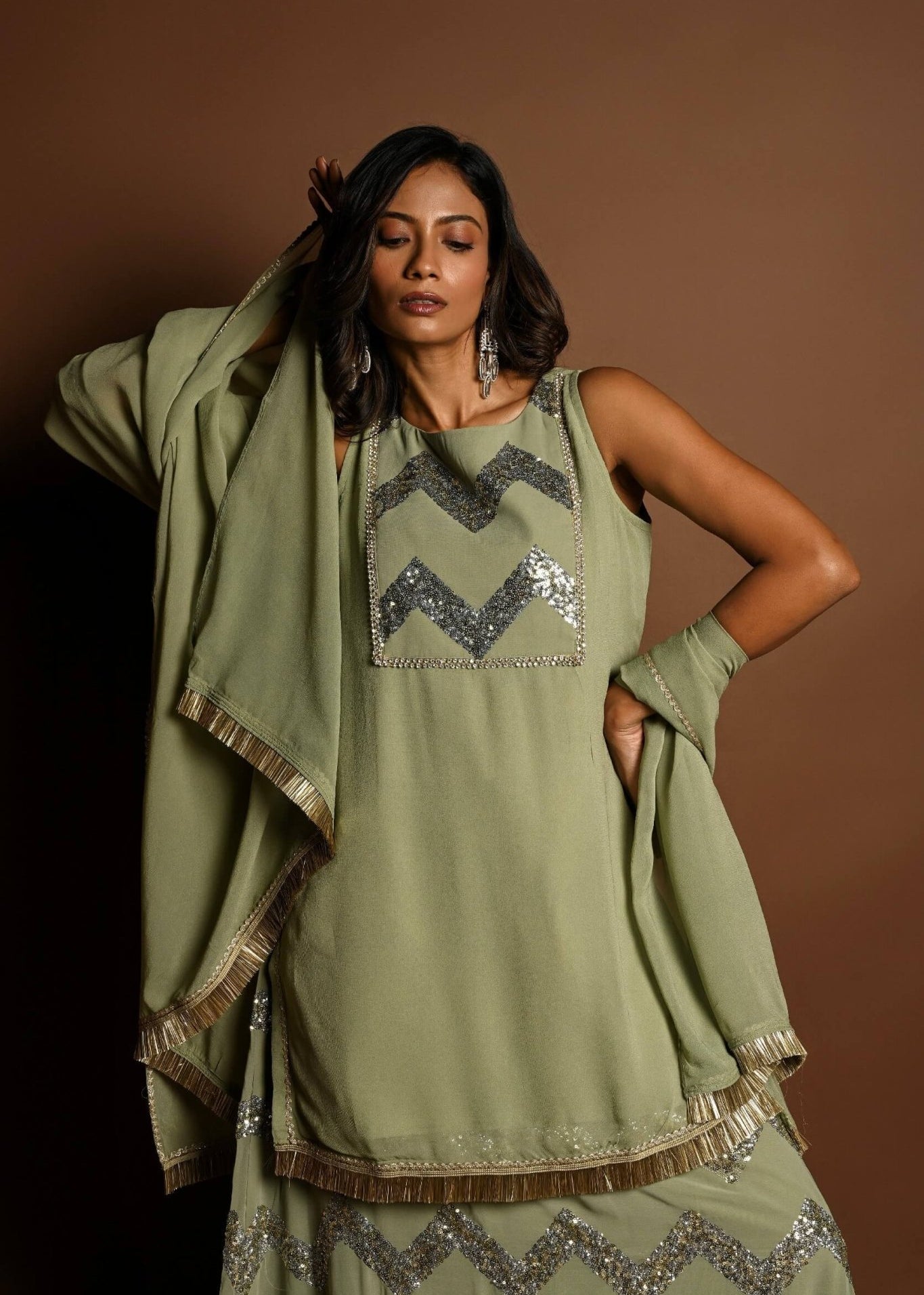 Pastel Green Kurta Lehenga Set with Sequin Work and Matching Dupatta - Anvi Couture