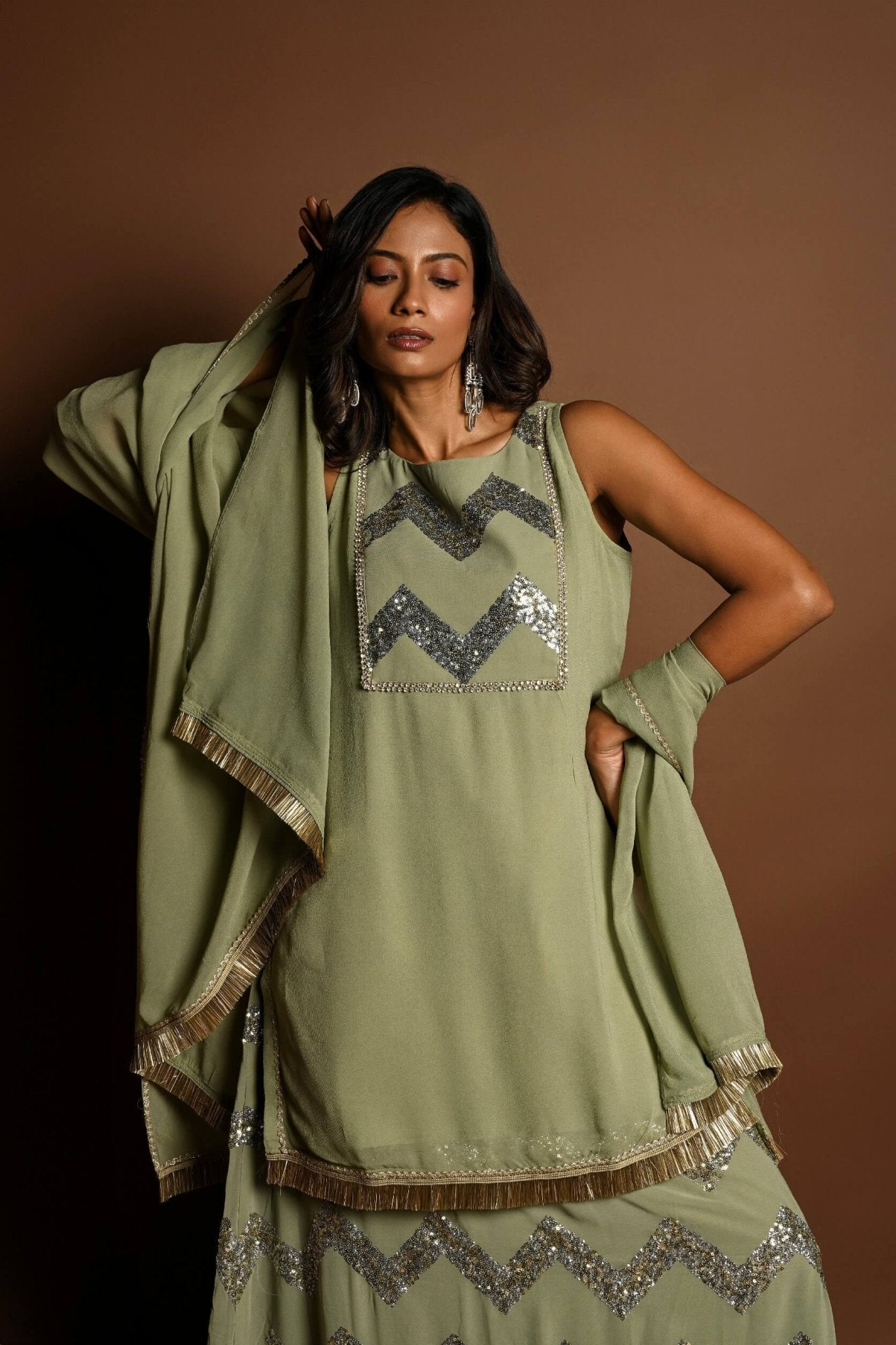Pastel Green Kurta Lehenga Set with Sequin Work and Matching Dupatta - Anvi Couture