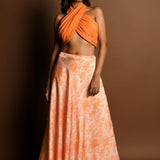Orange Lehenga Set with Halter Neck Top and Printed Skirt - Anvi Couture