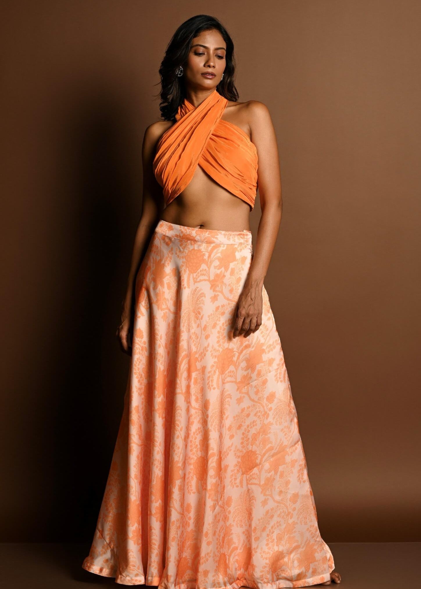Orange Lehenga Set with Halter Neck Top and Printed Skirt - Anvi Couture