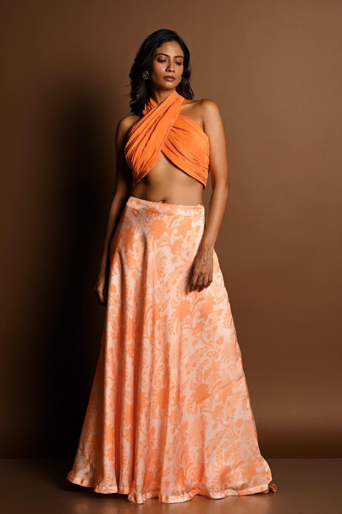 Orange Lehenga Set with Halter Neck Top and Printed Skirt - Anvi Couture