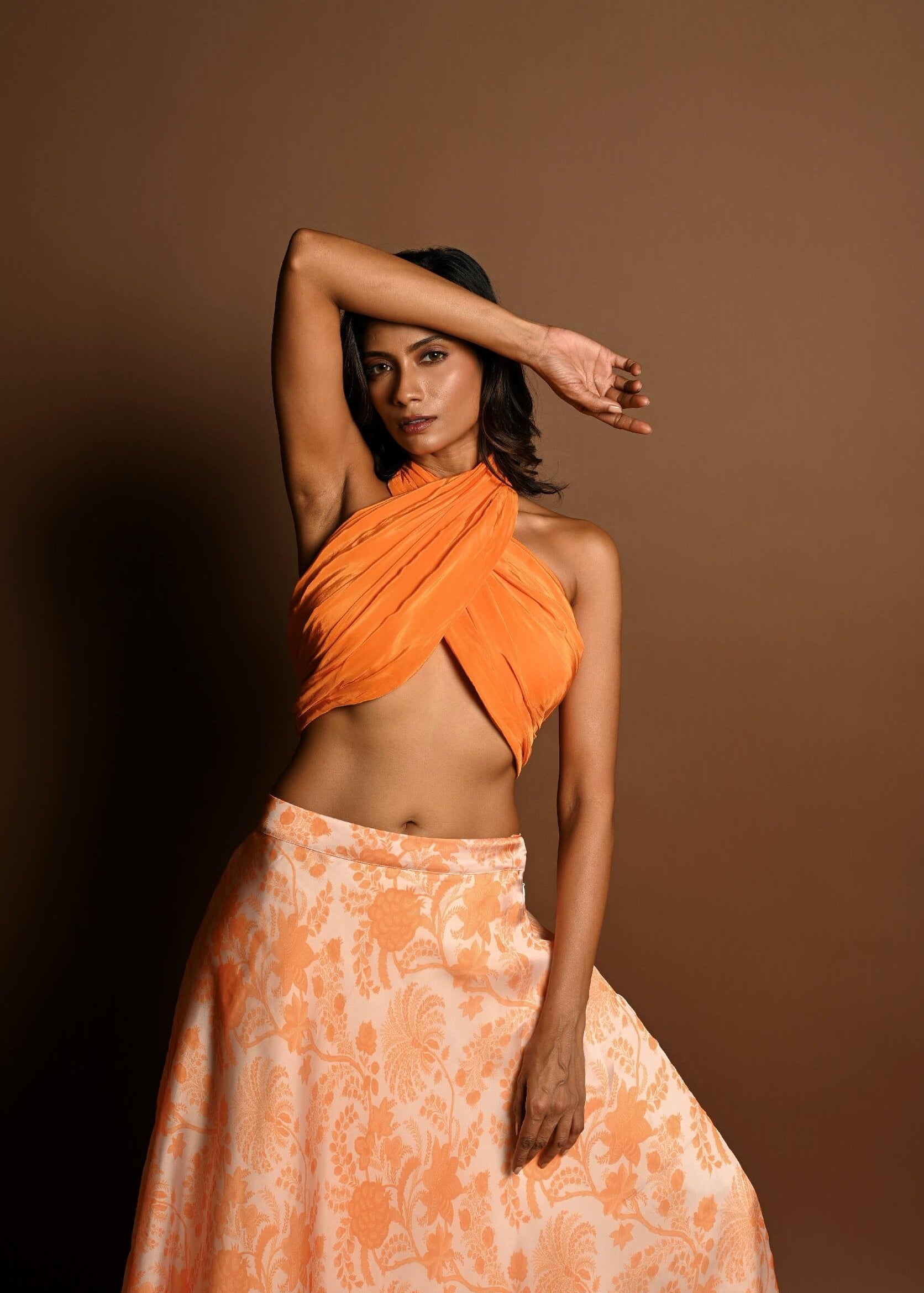 Orange Lehenga Set with Halter Neck Top and Printed Skirt - Anvi Couture